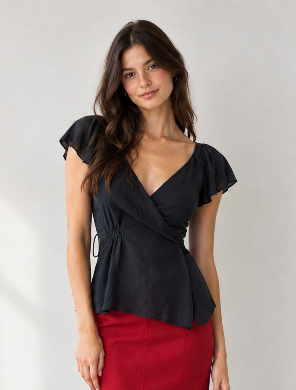 Black Silky Ruffle Neck Blouse Sz Large